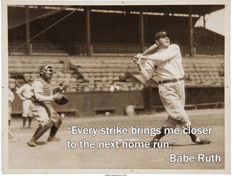 Babe Ruth in the batters box after a full swing.