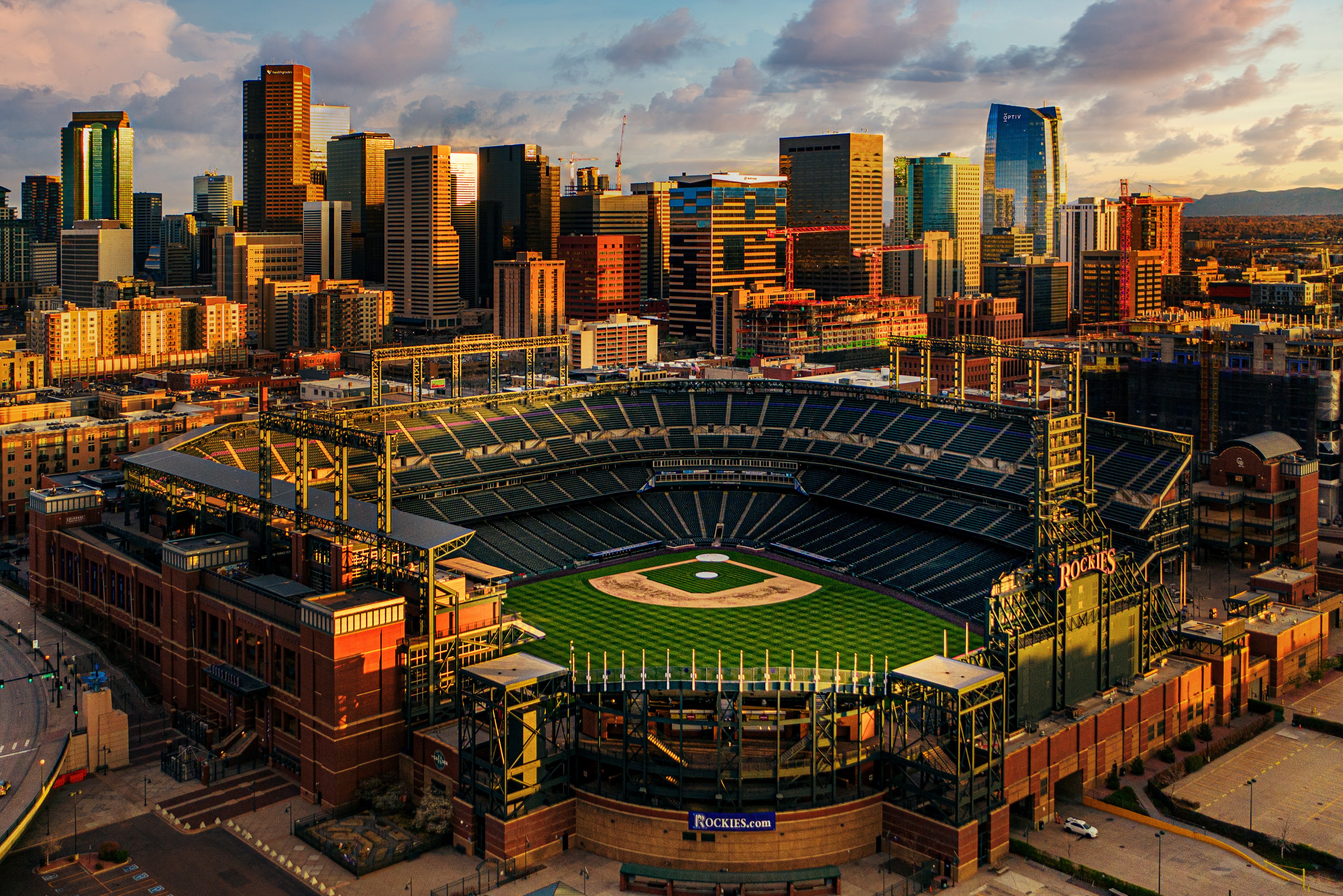 Arial view of the Colorado Rockies baseball stadium.