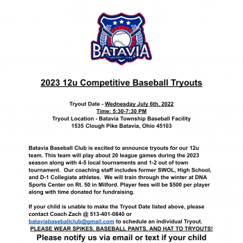 Batavia Baseball Club 2023 12u Tryouts